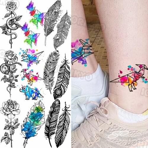 Colorful Dinosaur Small Temporary Tattoos For Kids Girls Realistic Feather Snake Flower Leaf Fake Tattoo Sticker Arm Tatoos Dino