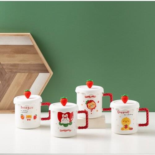 Creative Mug Ins 400-500ml Japanese Style Cartoon Cute Strawberry Ceramic Cup Water Cup with Lid Couple Cup Mugs Coffee Cups