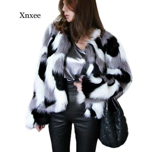 Winter New Imitation Fur Jacket Coat Big Size Womens Loose Round Neck Short Ladies Mixed Color Coat Size Xs-6X Outerwear