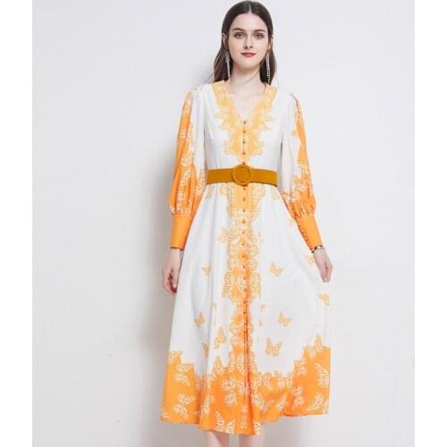 Menahem Butterfly Print Golden Maxi Dress 2021 New Women Long Lantern Sleeve V-Neck Buttons High Waist Vintage Sashes Dress