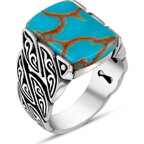 Men Silver Ring With Square Blue Raw Turquoise Stone Made In Turkey Solid 925 Sterling Silver