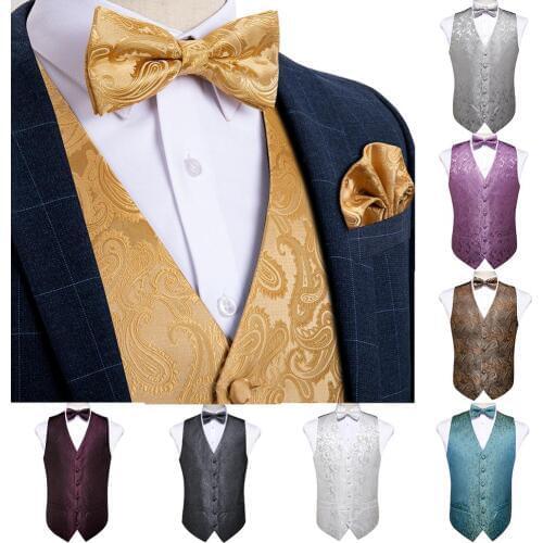 Mens Silver Gold Black Paisley Classic Party Wedding Jacquard Waistcoat Vest Pocket Square Tie For Suit Tuxedo DiBanGu