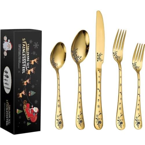 20/5pcs Gold Dinnerware Set Stainless Steel Tableware Set Cartoon Pattern Knife Fork Spoon Christmas Gift Box Dishwasher Safe