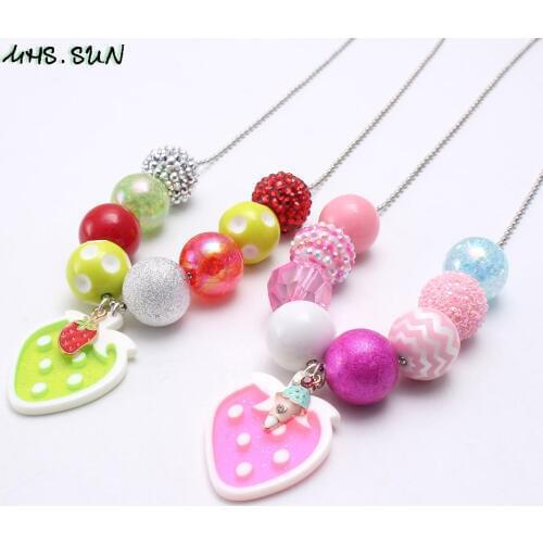 MHS.SUN Cute Strawberry Pendant Long Chain Necklace Baby Girls Chunky Beads Necklace For Child Kids Party Jewelry Gift 1Pc