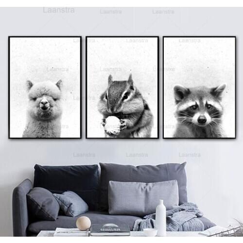 Black and White Animal Poster Little Raccoon Alpaca Canvas Painting Squirrel Owl Wall Picture Living Room Home Decoration Art