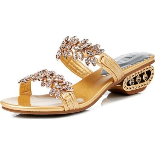 Fashion Ladies Slides Genuine Leather Woman High Heel Rhinestone Summer Shoes Elegant Women Wedge Slippers Open Toe Sandals