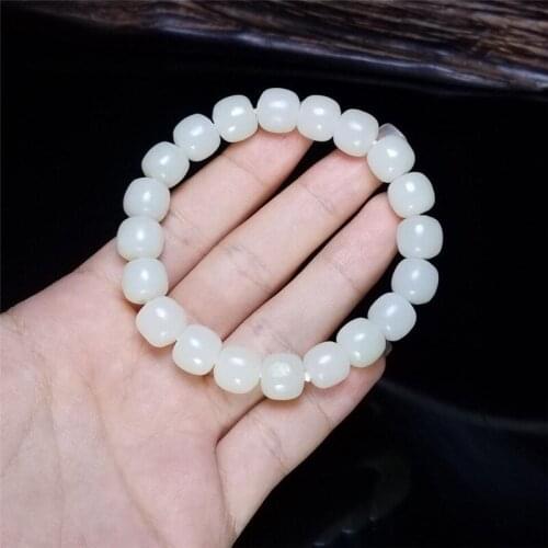 Xinjiang Hetian Baiyushan material old type barrel bead mens and womens hand String Bracelet lanolin white jade stone 8mma goo