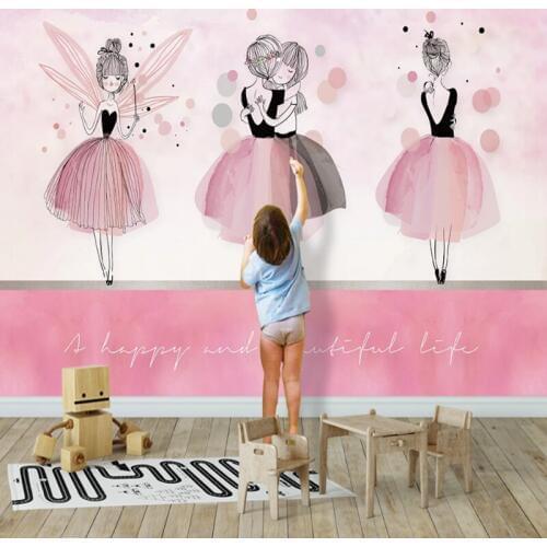 Nordic ins pink ballet girl children room background wall bedroom cute cartoon mural