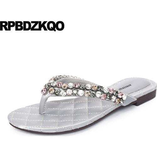 Women Sandals Flat Summer 2018 Slip On Jewel Rhinestone Bling Diamond Designer Pink Holiday Flip Flop Nice Crystal Shoes Silver