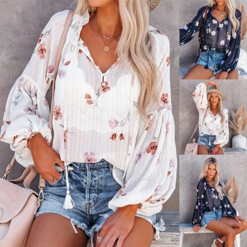 Women See-through Shirt, Adults Button-down Flower Print Lantern Sleeve V-neck Pullover