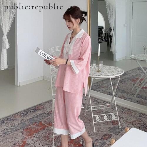 2021 Spring Summer Korean New 3/4 Sleeve Lace Sexy Pajamas Womens Suit Loose Comfortable Nightwear Home Wear Sleepwear