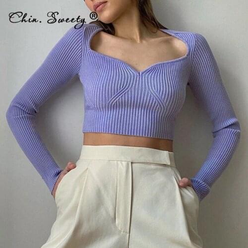 Knitted Womens Long Sleeve Cropped Sweaters 2021 Autumn New V-neck Slim Patchwork Sweater Pullovers Female Sexy Fashion Clothes