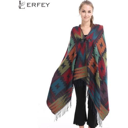 LERFEY Ethnic Geometric Women Batwing Cape Poncho Knit Tops Cardigan Sweater Coat Autumn Scarf Shawl Fringe Hooded