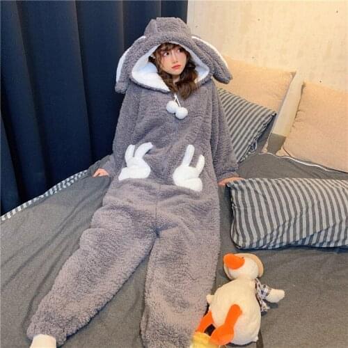 Winter Thicken Onesie Women Pajamas Warm Plush Kawaii Animal Rabbit One Piece Cosplay Bunny Homewear Sleepwear Jumpsuit Costume
