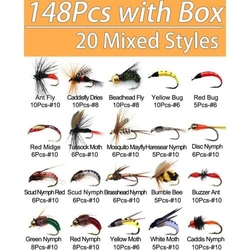 148Pcs Outdoor Essential Nymphs Flies Wet/Dry Flies Streamer Trout Fly Assortment for Fly Fishing Flies with Waterproof Box