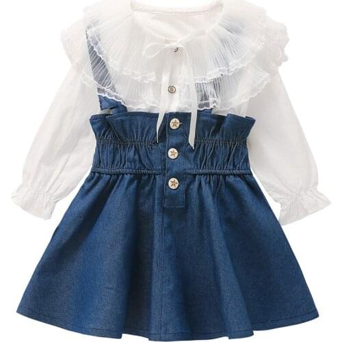 2021 New Girls Spring and Autumn Clothes Suit Long Sleeve White Shirt Fashion Suspender Denim Skirt Female Baby 2-Piece Set 2-6y
