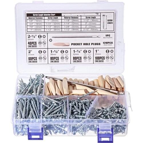 482Pcs 25-64Mm Self Tapping Pocket Hole Screw Project Kit SQ2 Square Head Driver Wood Pocket Hole Plugs