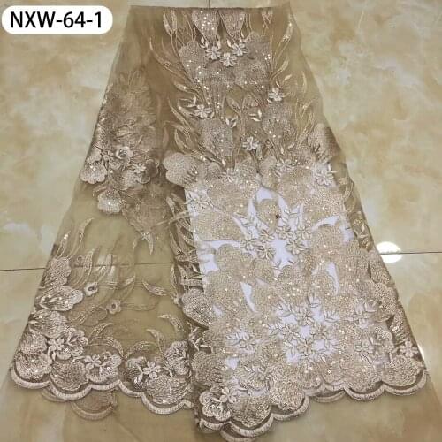 African Lace Fabric High Quality Lace Embroidered French Tulle Lace Fabric with Sequins 5 Yards for Wedding Party Dress NXW-64