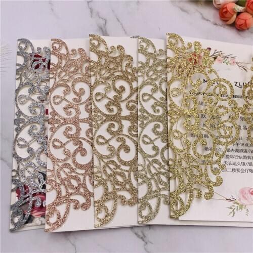 Free Shipping 50pcs Silver Black White Ivory Pink laser cut wedding invitation cards invites with envelope ribbon mariage Party