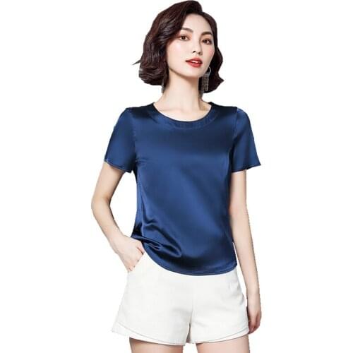 Spring Summer Women solid color loose Plus size Tops O-Neck Short-Sleeve Blouses elegant Office Lady Satin Casual Basic Shirt