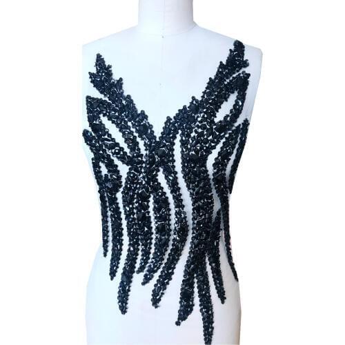 Handmade black crystal patches sew on Rhinestones applique on white mesh with stones sequins beads 54*29cm for top dress