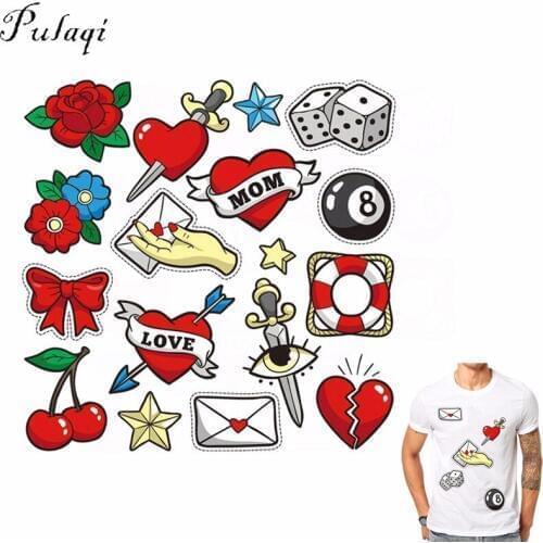 Pulaqi Rose Cartoon Heart Iron On Heat Transfer Vinly Love Patches Printed On T-shirt Clothing Thermal Transfers Decoration F