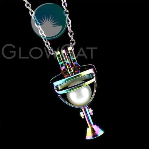 R-C613 Rainbow Colors Wine Glasses Beads Cage Pendant Perfume Diffuser Aromatherapy Pearl Cage Locket Necklace