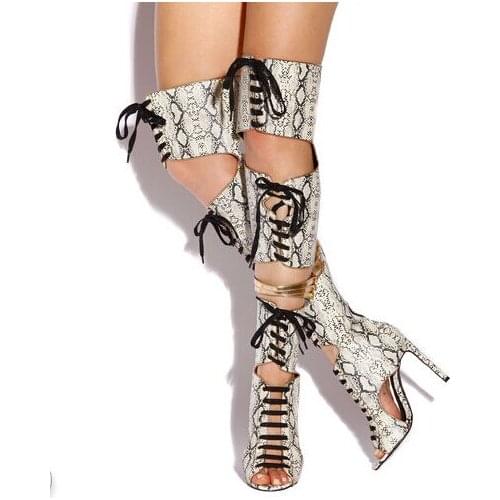 Hottest celebrity same style snakeskin over-the-knee boots lace-up embellished thigh high boots golden buckle strap embellished