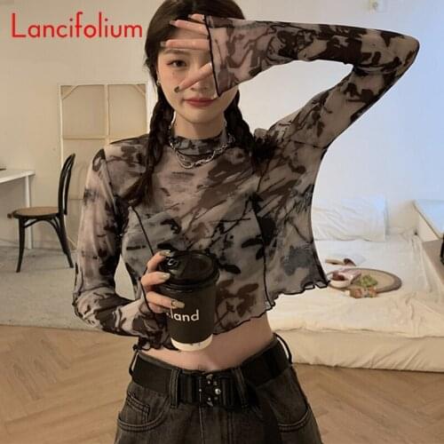 Y2k Gothic Punk Korean Fashion Harajuku Kawaii Cute Sexy Mesh Crop Top Tie Dye Sheer Long Sleeve Graphic Tees T Shirt Women 2021