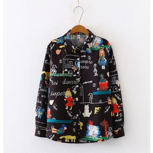 Harajuku Kawaii Cute Women Cartoon Doodle Graffiti Print Chiffon Blouses Autumn Long Sleeve Black White Lapel Shirt Vintage Tops