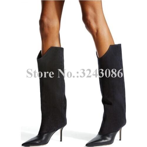 Women Knee High Boots Suede Leather Patchwork New Design Long Boots Lady Sexy Large Size Knight Boots Dropship Banquet Shoes