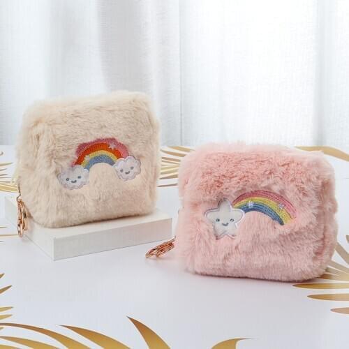 Rabbit Fur Womens Coin Purse Sanitary Towels Bag Rainbow Zip Soft Plush Children Key Lipstick Save Face Mask Wallet Keychain