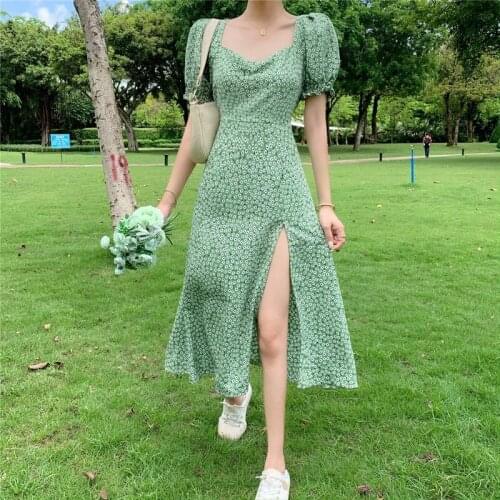 Summer Floral Dress Women French Style Puff Sleeve Chiffon Split Fairy Dress Sexy Elegant Korean Style Clothes New Arrival 2021