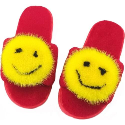 2021 Winter Slippers For Women, Fluffy Fur ,Plush, Flat, Happy Face And Smile Shoes , High Quality Version,New Collection