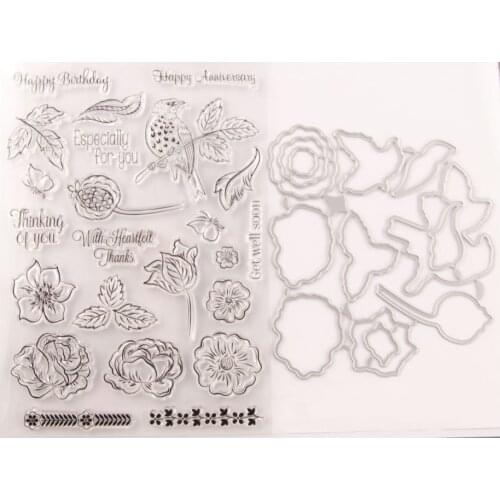2121 Leaves Flowers Bird Stamp and Dies Transparent Clear Silicone Stamp Cutting Die Set for DIY Scrapbooking Photo Decorative
