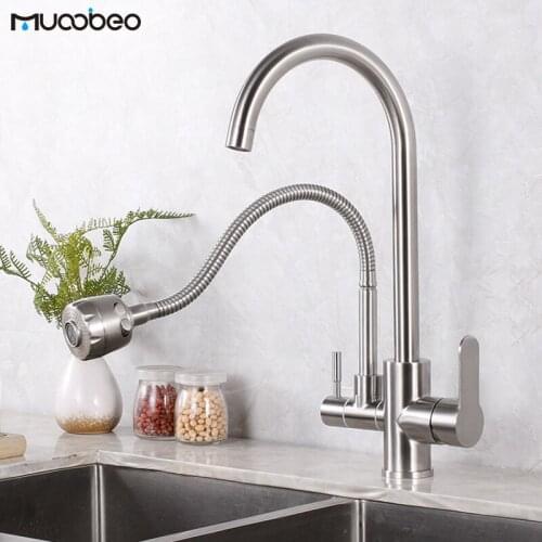 304 Stainless Steel Kitchen Sink Faucet Double Pipe Hot Cold Water Faucet Deck Mounted Mixer Tap