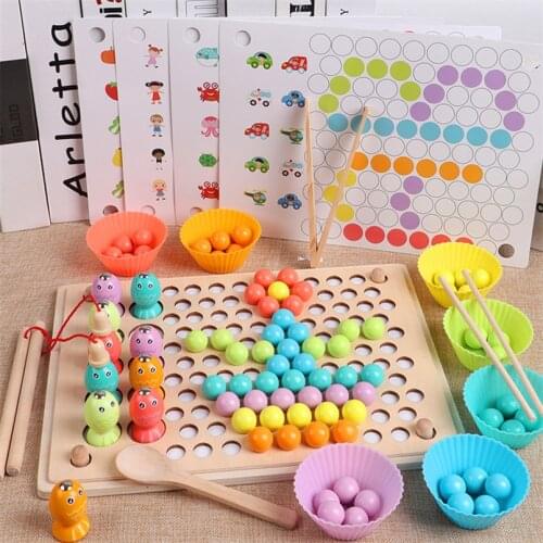 Wooden Beads Game Montessori Kids Math Toys Training Clip Ball Puzzle Toy Board Fishing Game Preschool Toddler Children Toy Gift