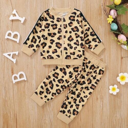 Kids Baby Girls Fashion 2-piece Outfit Set Long Sleeve Zipper Leopard Top and Pants Set