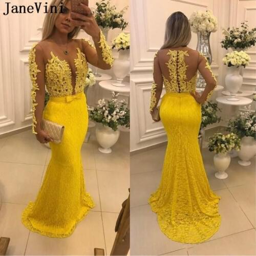 JaneVini 2019 Elegant Lace Yellow Mermaid Prom Dress Sheer Scoop Neck Appliques Beads Long Sleeve Party Dresses Bestidos De Gala