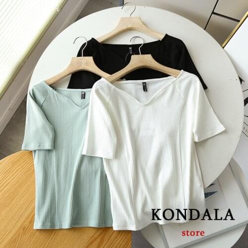 KONDALA Za Slim Girls Tshirts V Neck Sexy Knitted Cotton Short T-Shirts Women Summer 2021 Elegant Mujer Tops