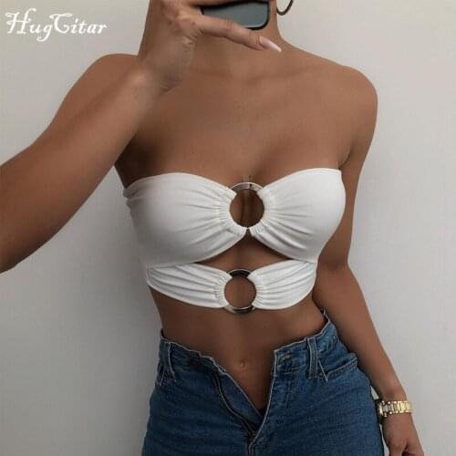 Hugcitar 2021 Strapless Solid Crop Top Hollow Out Backless Lash Neck Tshirt Summer Sexy Women Streetwear Y2K Party Club Camis