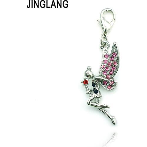 JINGLANG Fashion Lobster Clasp Charms Dangle Pink Rhinestone Angel Pendants DIY Charms For Jewelry Making Accessories