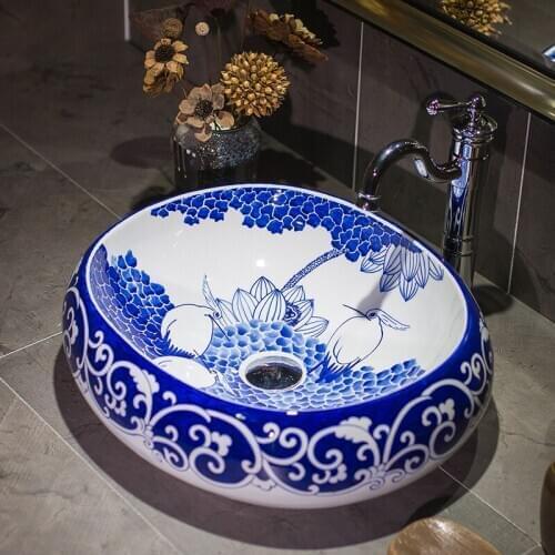 Ceramic Counter Top Wash Basin Cloakroom Hand Painted Vessel Sink blue and white ceramic wash basin bathroom sinks