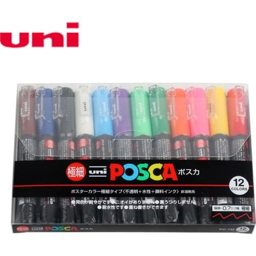 12 Pcs/Lot Uni Posca PC-1M Paint Marker- Extra Fine Bullet Tip-0.7mm 12 Colors Case Poster Water-based Advertising Pen