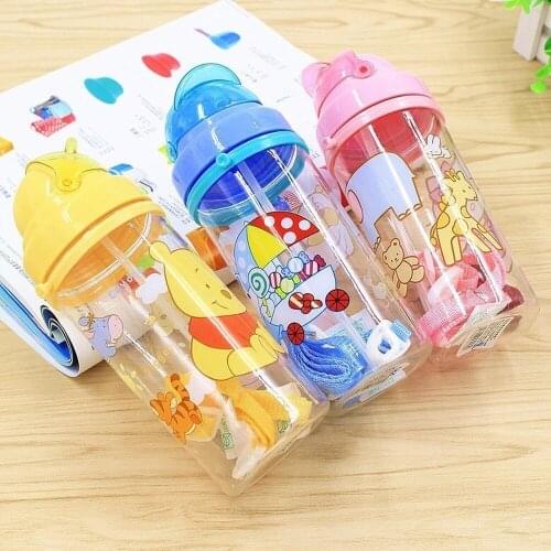 Cute Cartoon Childrens Sling Water Bottle Baby Straw Water Cup Travel Portable Cup Sports Anti-fall Plastic Cup