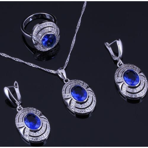 Trendy Oval Egg Blue Cubic Zirconia White CZ Silver Plated Jewelry Sets Earrings Pendant Chain Ring V0271