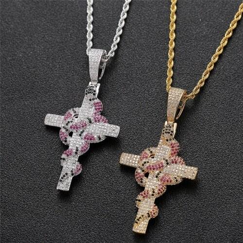 Fashion Women Men Bling Cubic Zircon Snake Cross Pendants Necklaces Hip Hop Jewelry Iced Out Pendant Necklace Drop Shipping