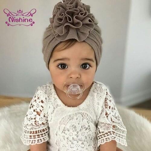 Nishine Cute Handmade Folded Flowers Baby Girls Turban Hat Solid Color Infant Beanie Cap Kids Headwear Birthday Gift Photo Props