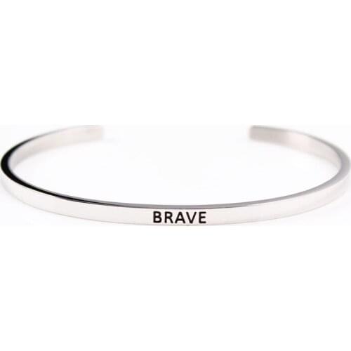 2021 New Stainless Steel Engraved (BRAVE) Positive Inspirational Quote Hand Imprint Cuff Mantra Bracelet Bangle for Girls