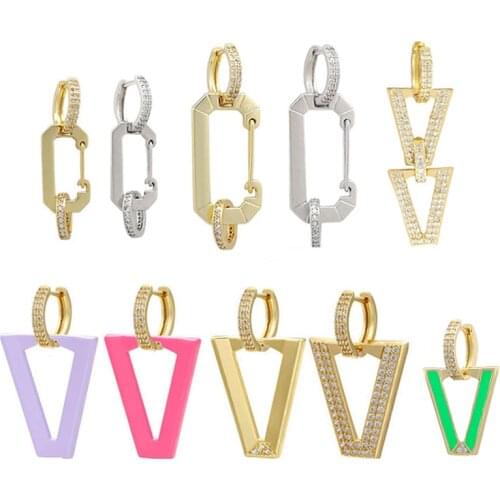 QMHJE Dangle Hoop Earrings for Women Rectangle CZ Crystal Earing Hoops Geometric Giold Silver Color